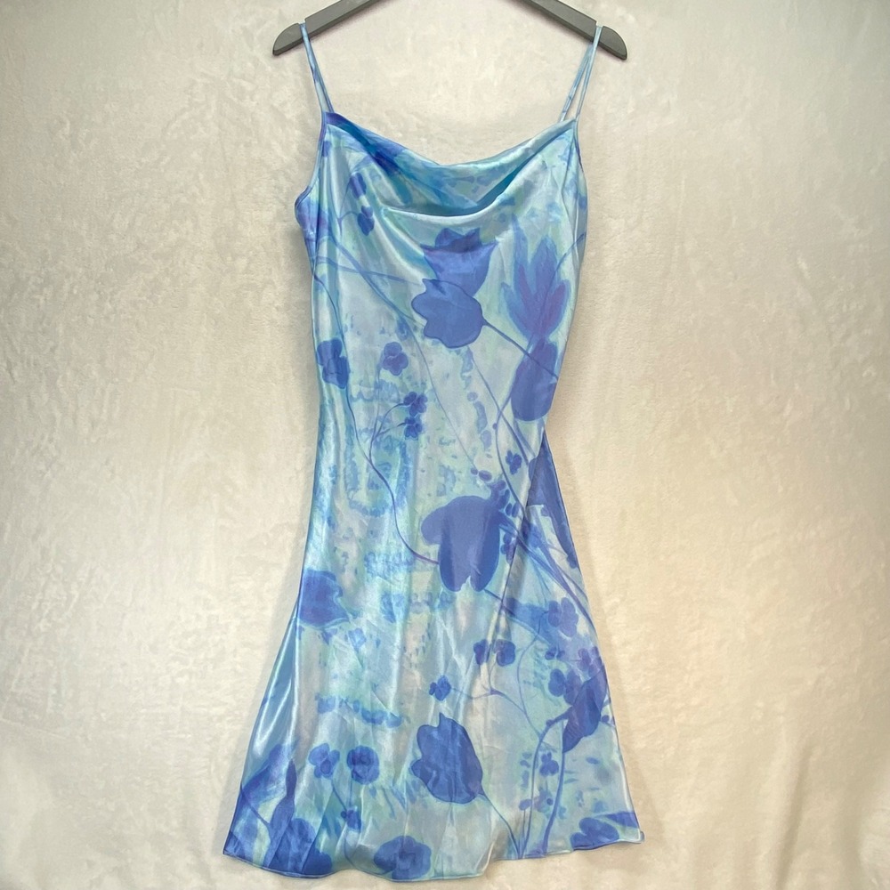 Private Luxuries Floral Slip Dress Cowl Neck Blue Midi Dress Size M Y2k 2000s - Picture 1 of 9
